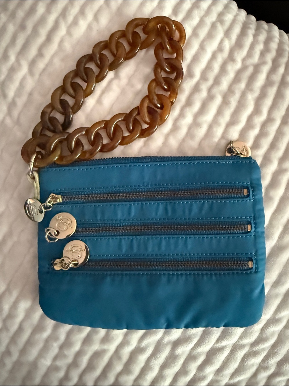 Teal Chain-Handle Wristlet Clutch with Triple Zip Pockets